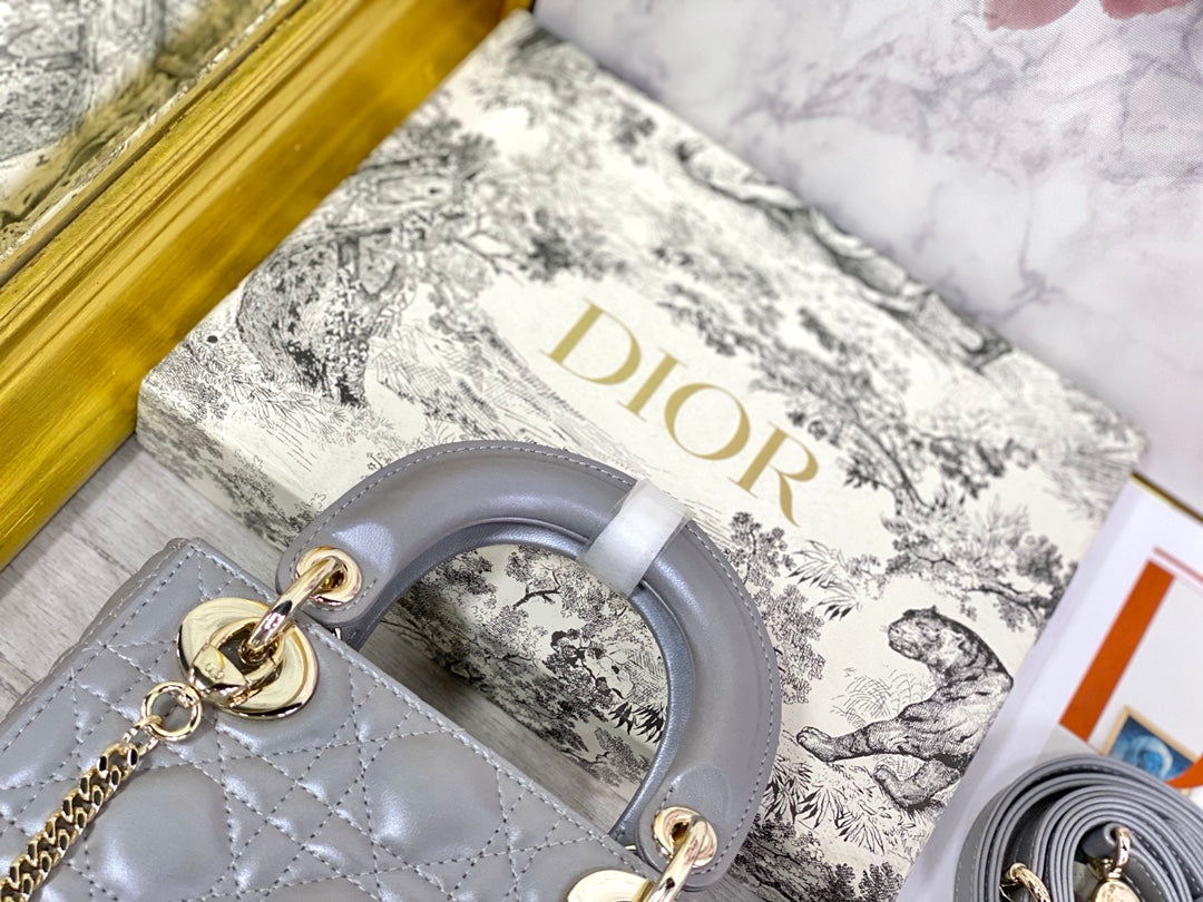 Dior-Mini Lady Dior手袋-三格黛妃-17cm-珠光灰金扣