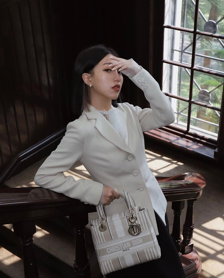 Dior Lady D-Lite黛妃包-帆布刺繡-米色條紋