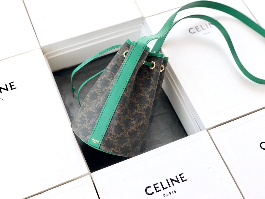 Celine TRIOMPHE帆布小號抽繩包-綠色老花