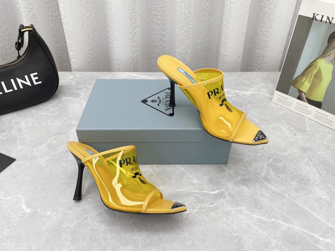Prada 鞋-Prada 尖頭三角logo 細高跟拖鞋（黃）