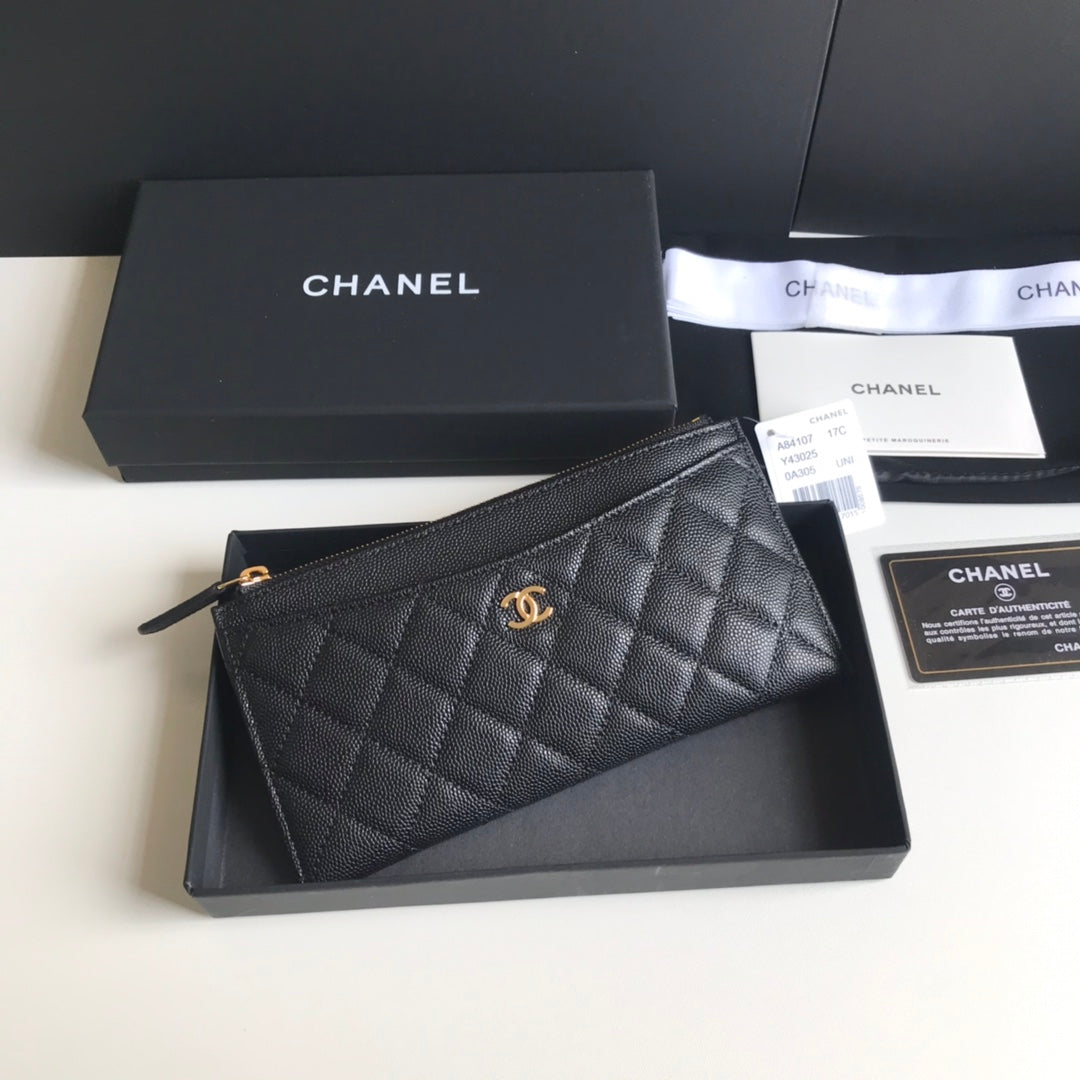 Chanel 拉鍊長夾卡包-扁長夾-黑色荔枝皮金釦