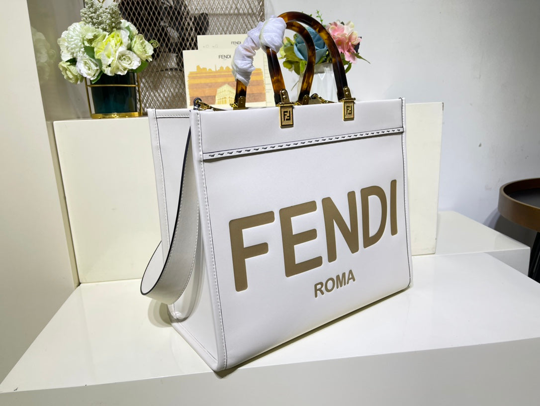 芬F家-Fendi Sunshine-中號白色牛皮手提袋