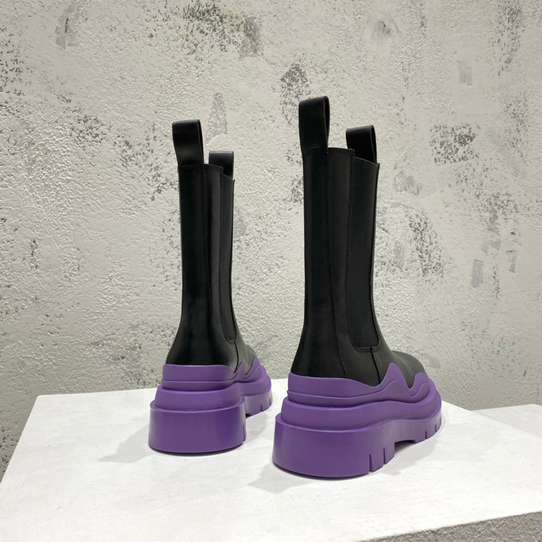 B編織-22SS 英倫復古中筒靴 男女同款 黑色紫底