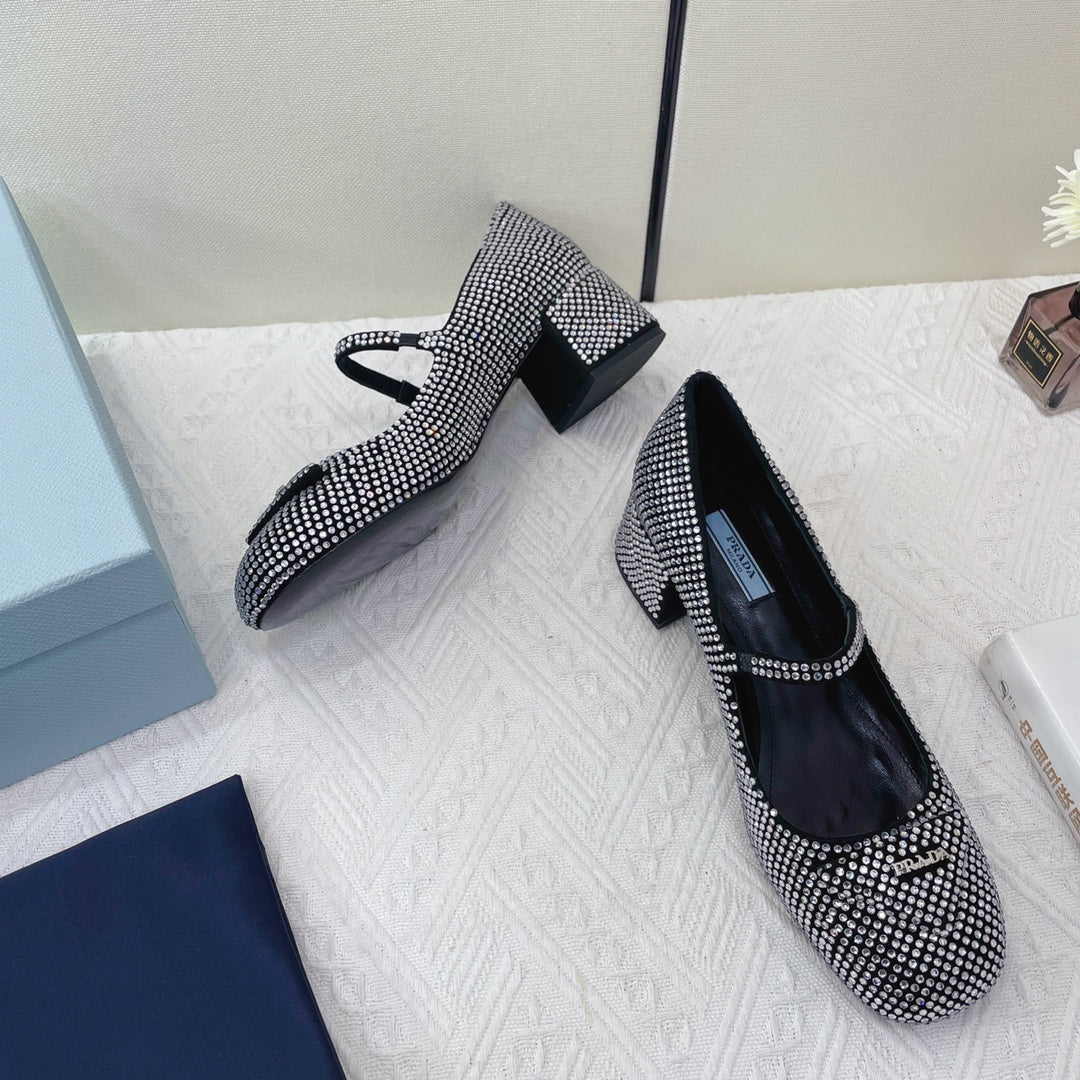 Prada 鞋-Prada 貼鑽低跟 瑪莉珍鞋（銀）