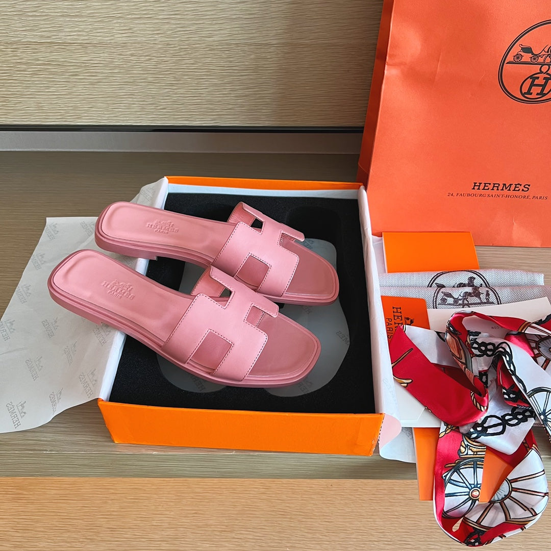 小愛款-經典H拖鞋 純色皮面 全包中底 粉色