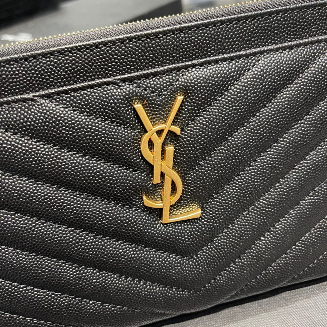 YSL 拉鍊手拿包 扁長夾 黑色金扣