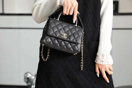 Chanel mini coco handle-黑色球紋牛皮-淡金扣