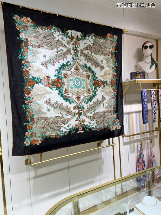 小愛款-古堡花園方形圍巾 140cm140cm 70%羊絨+30%真絲