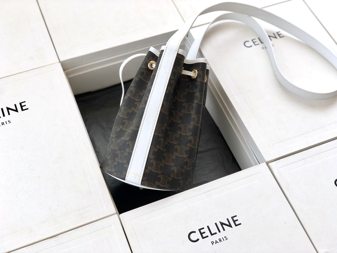 Celine TRIOMPHE帆布小號抽繩包-白色老花
