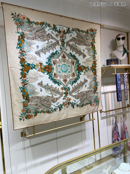 小愛款-古堡花園方形圍巾 140cm140cm 70%羊絨+30%真絲