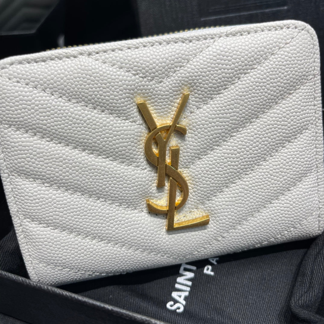 YSL 拉鍊短夾 白色金扣