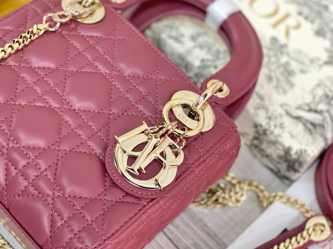 Dior-Mini Lady Dior手袋-三格黛妃-17cm-木槿粉金扣