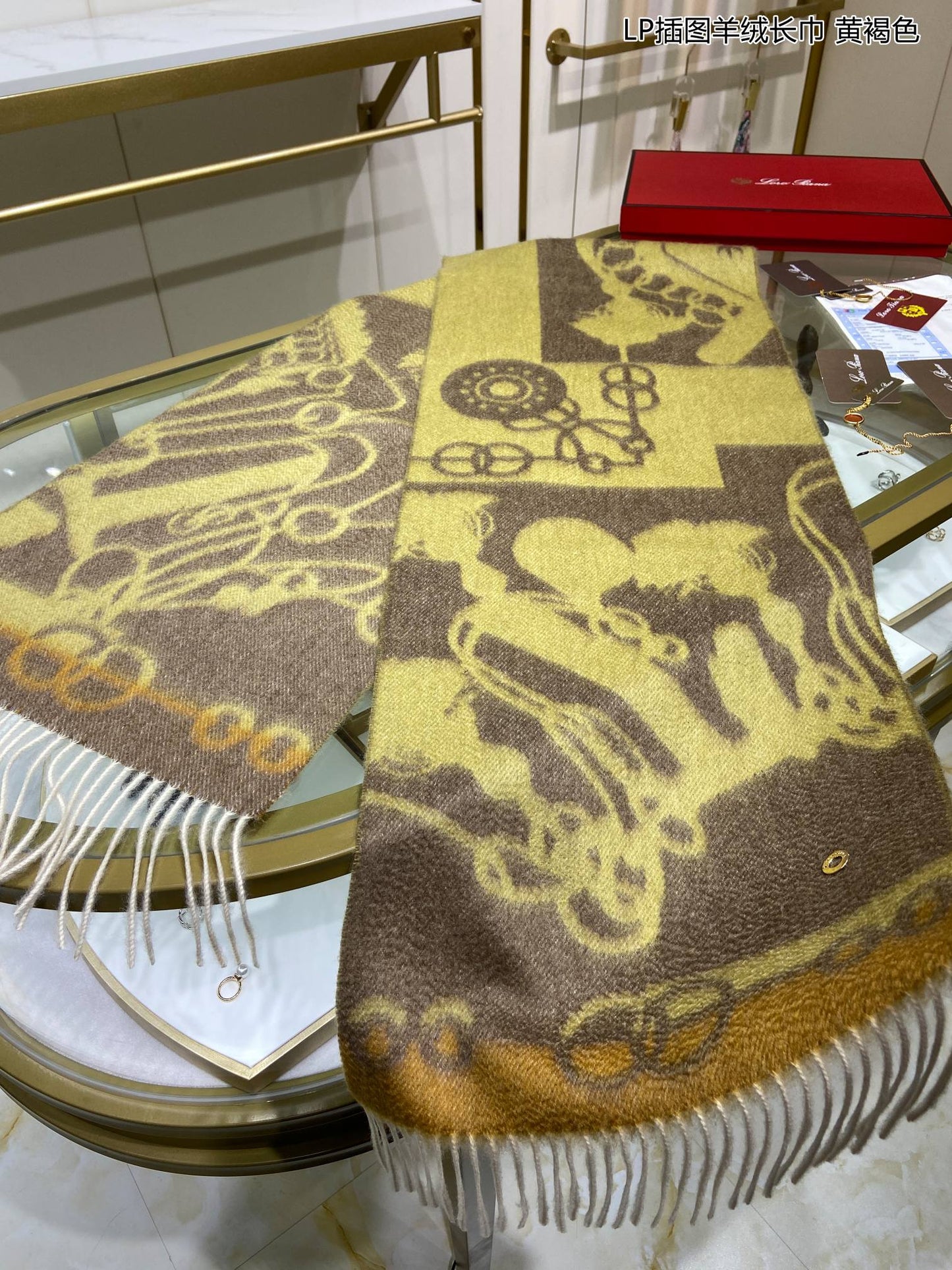 L-Piana 插圖羊絨長圍巾 33*190cm-100%頂級端野羊絨