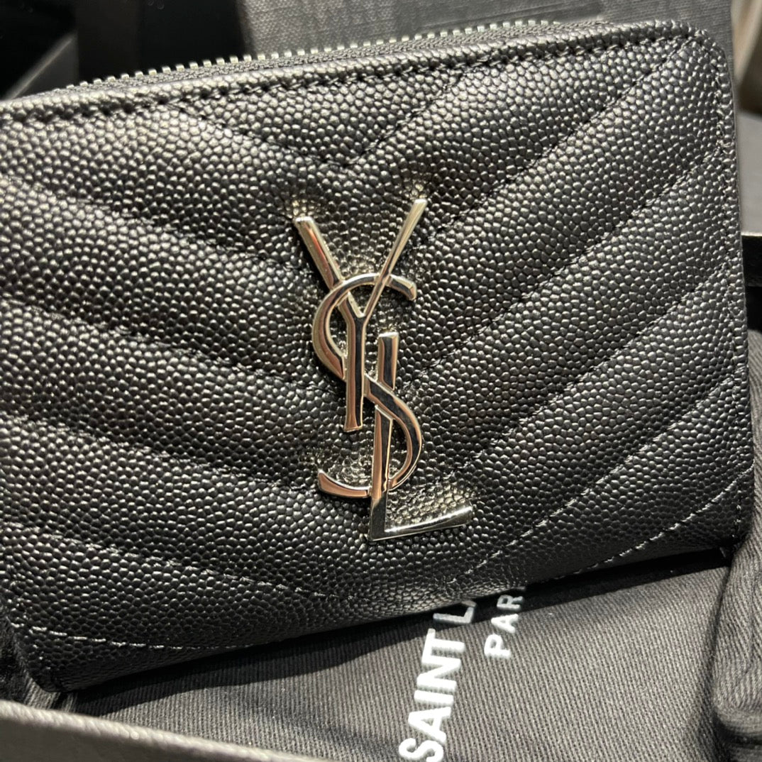 YSL拉鍊短夾 黑色銀扣