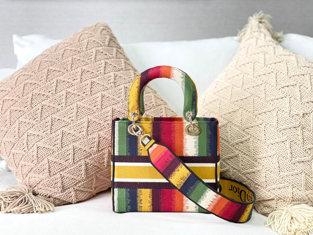Dior Lady D-Lite黛妃包-帆布刺繡-多色條紋
