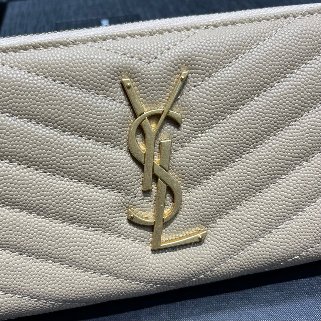 YSL 拉鍊長夾 杏色金扣