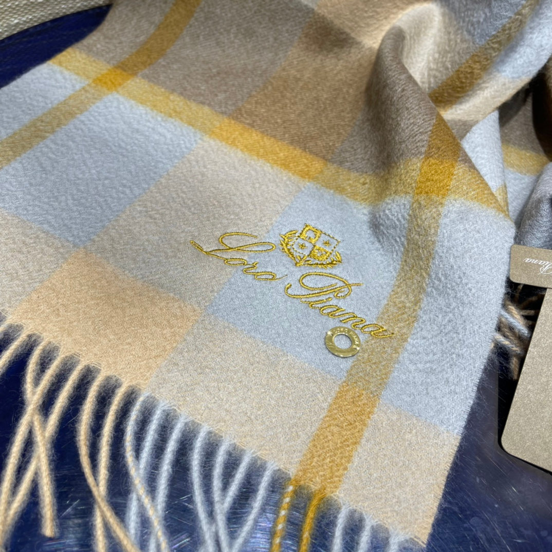 L-Piana-格子圍巾 30*168cm 100%羊絨 藍色