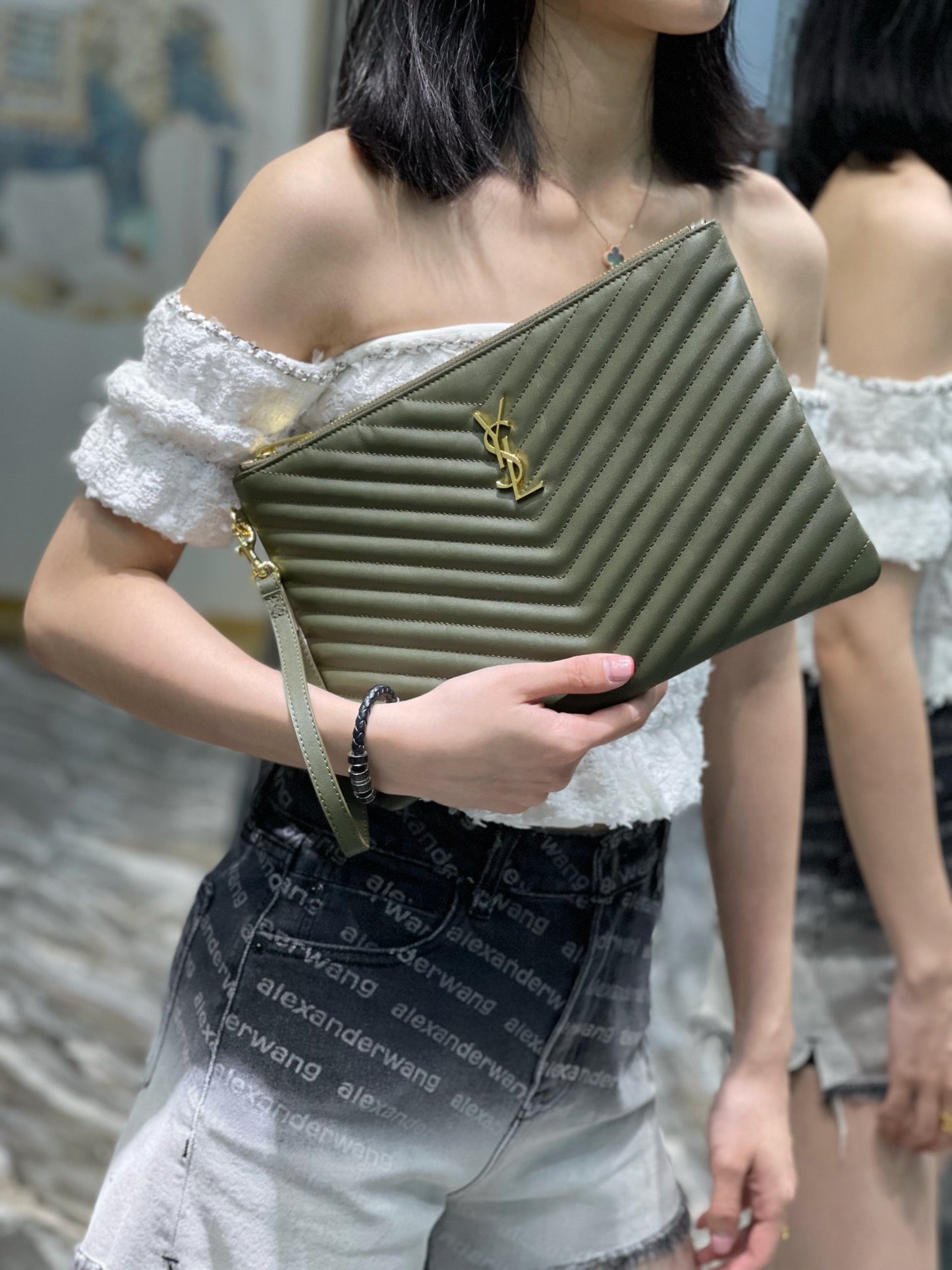 YSL_提花拼接文件手拿包-綠色金扣-30cm