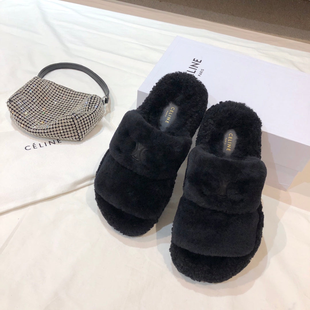 Celine 鞋-Celine 毛毛拖鞋（黑）