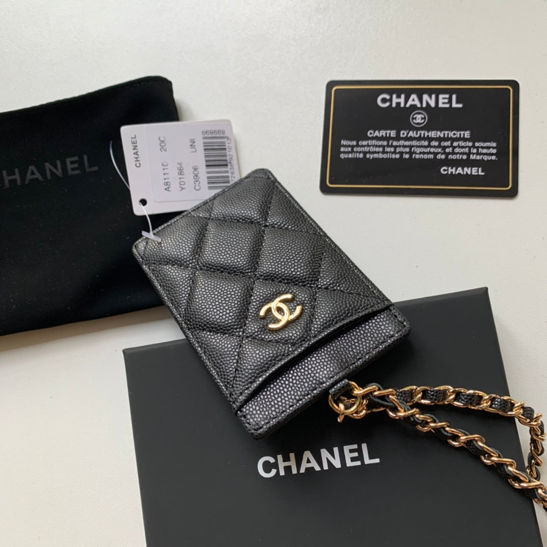 Chanel 證件套-黑色荔枝皮金釦