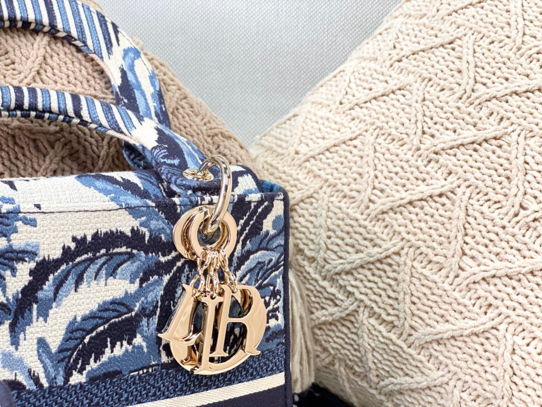 Dior Lady D-Lite黛妃包-帆布刺繡-靛藍棕櫚