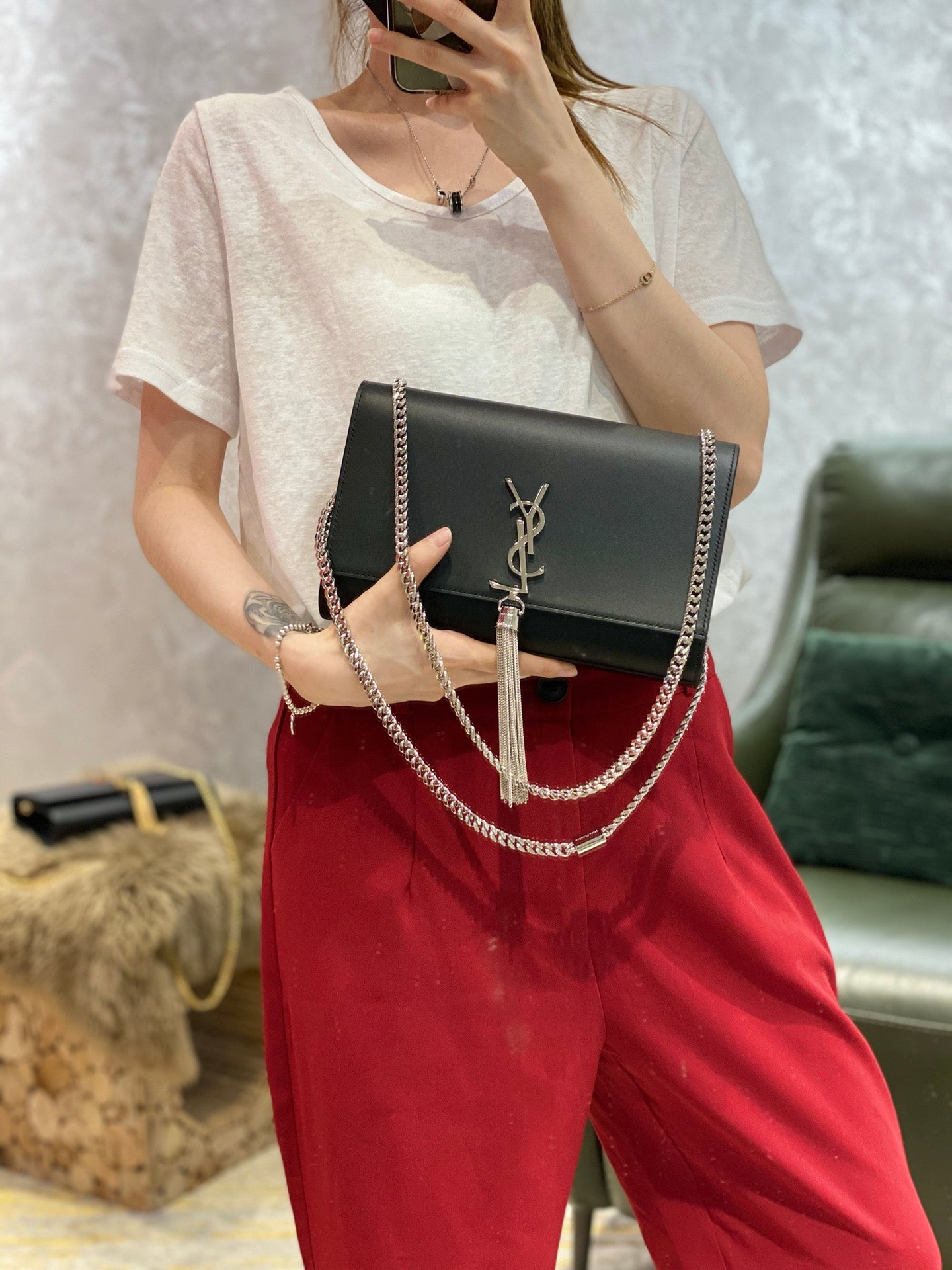 聖Y羅-黑色銀扣 KATE  經典款斜挎鏈條包