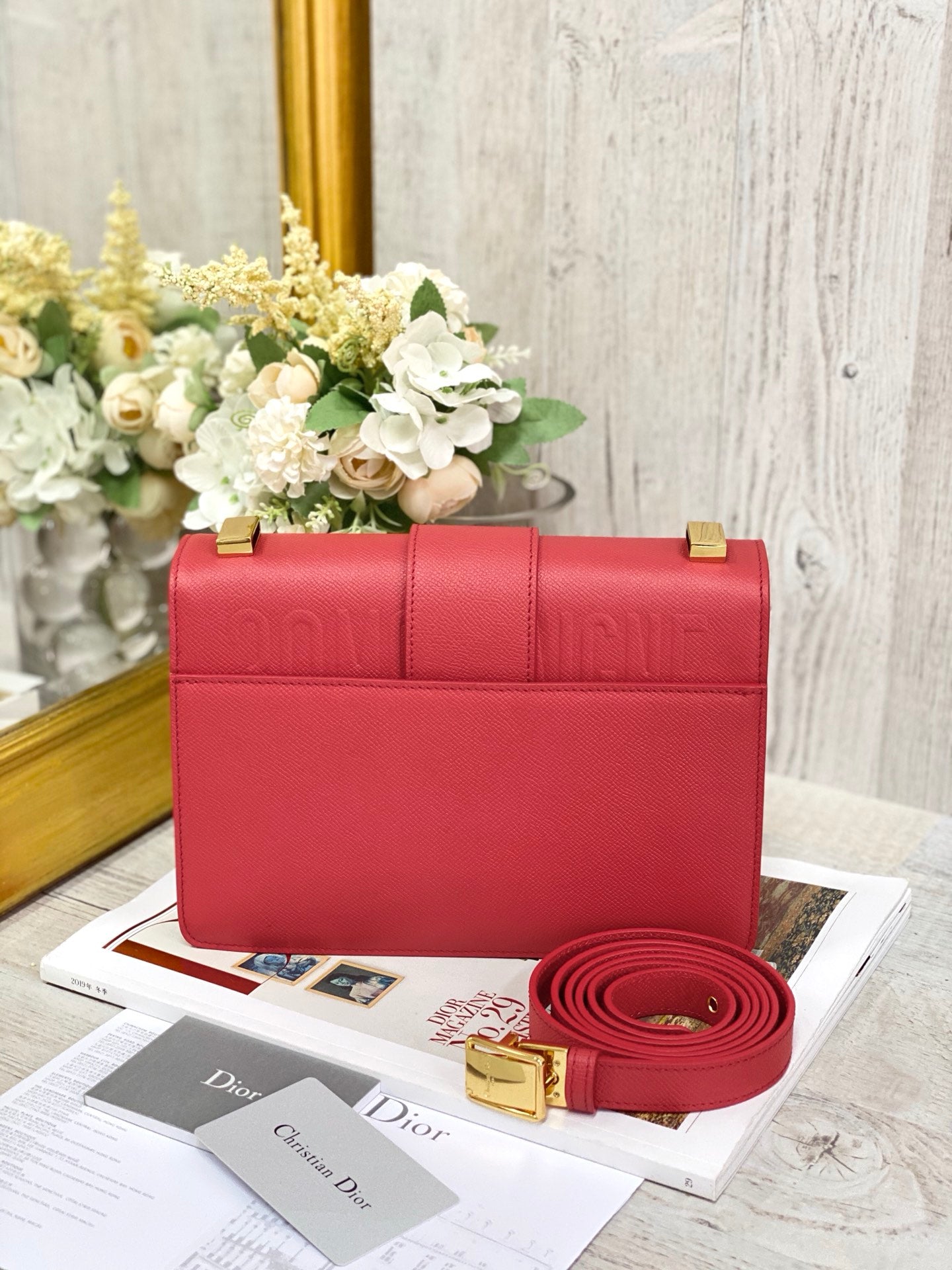 Dior 蒙田 30 Montaigne系列-24cm-牛皮手掌紋-紅色金扣