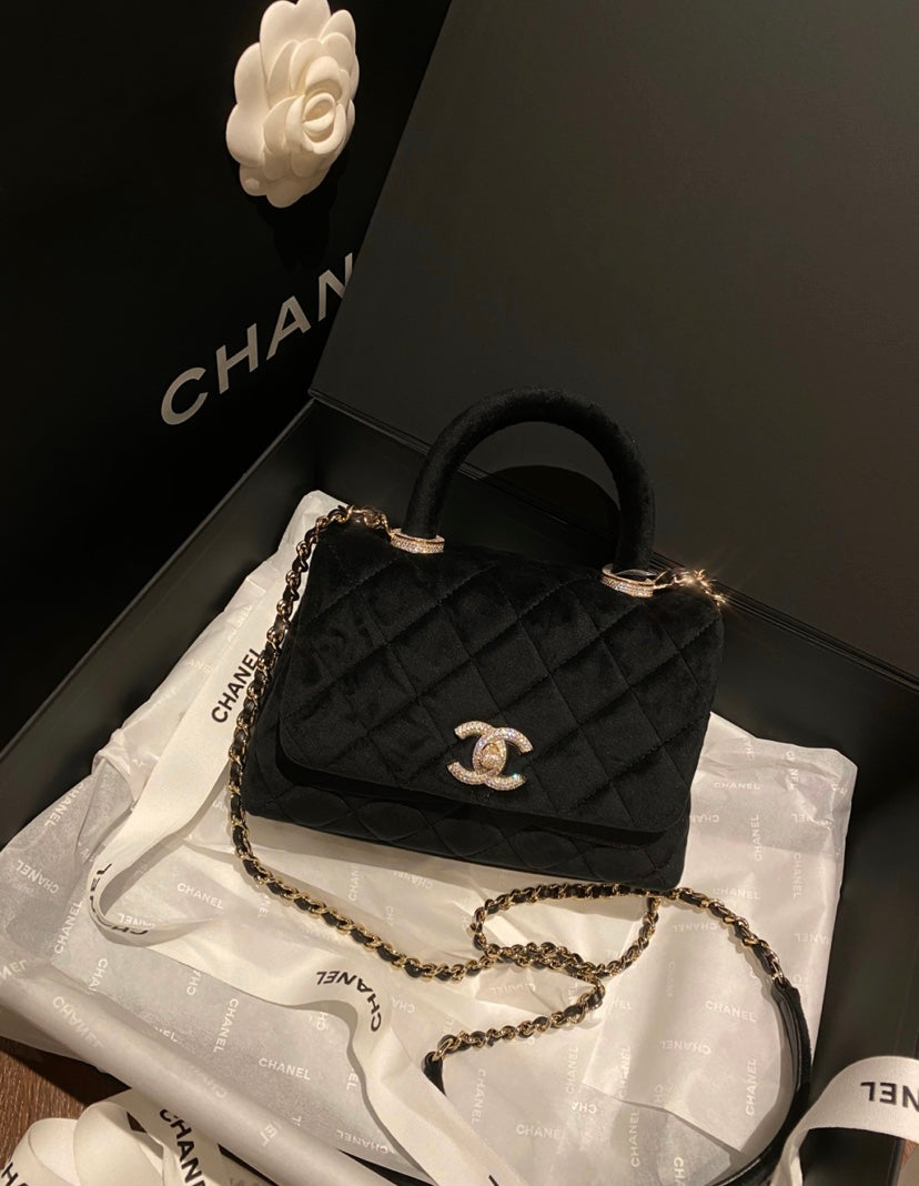 Chanel mini coco handle-黑色絲絨鑽扣