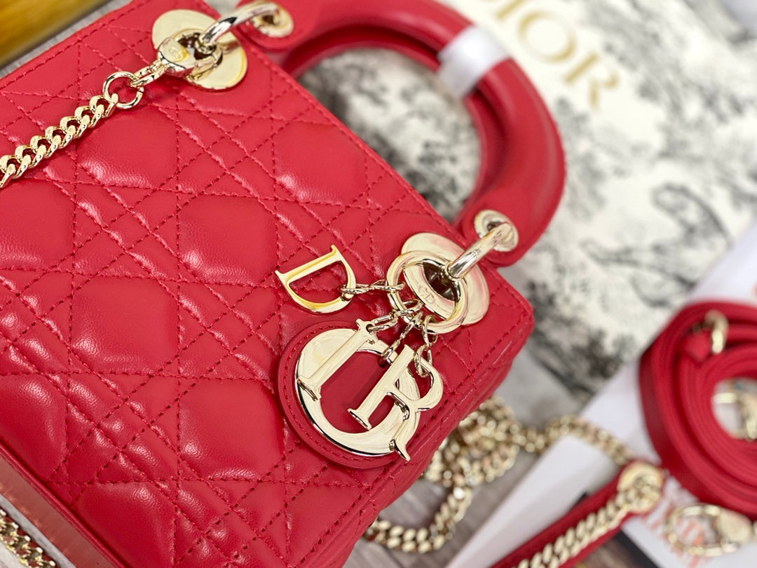 Dior-Mini Lady Dior手袋-三格黛妃-17cm -紅色金扣
