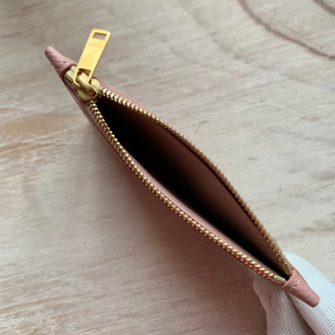 Celine 粒面小牛皮拉鍊卡包-玫瑰粉