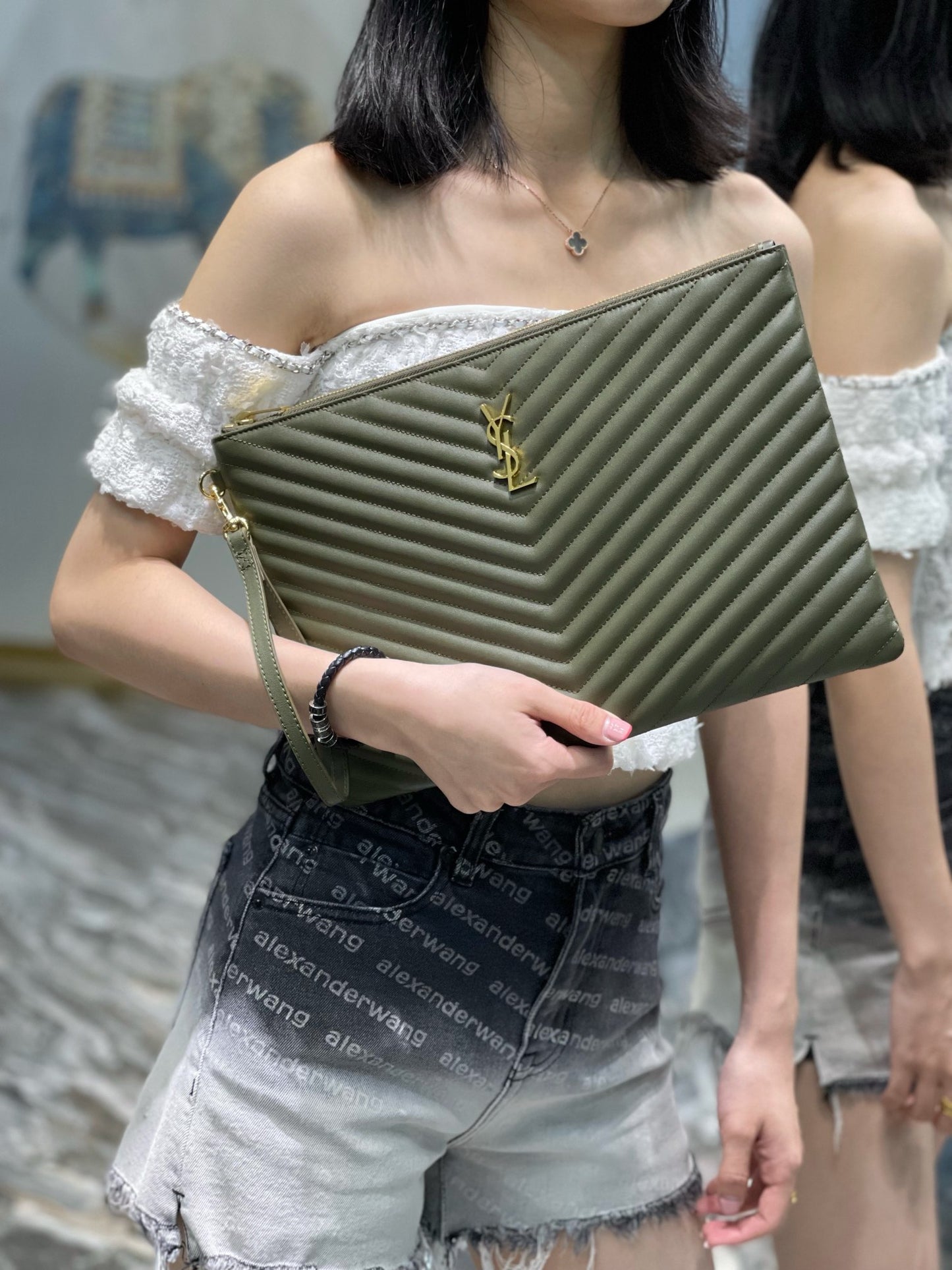 YSL 提花拼接文件手拿包-綠色金扣-36cm