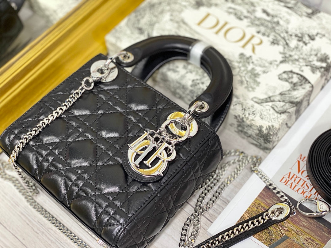 Dior-Mini Lady Dior手袋-三格黛妃-17cm-黑色銀釦