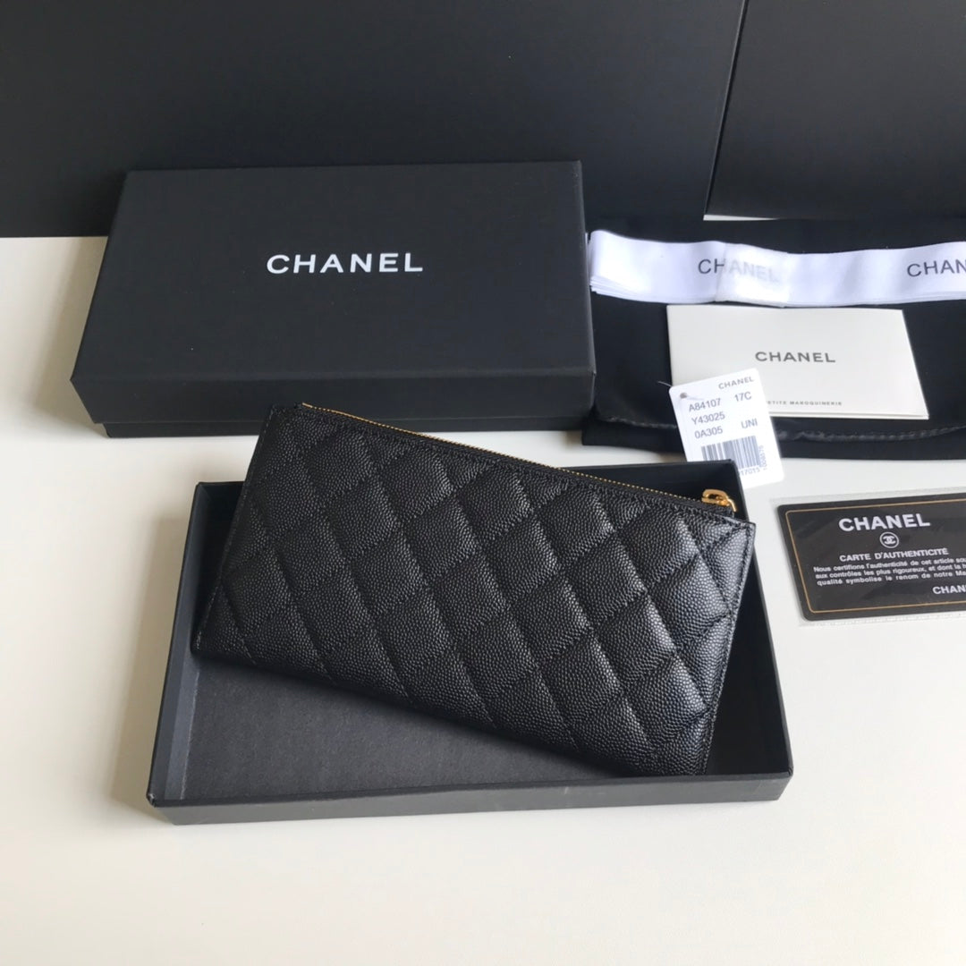 Chanel 拉鍊長夾卡包-扁長夾-黑色荔枝皮金釦