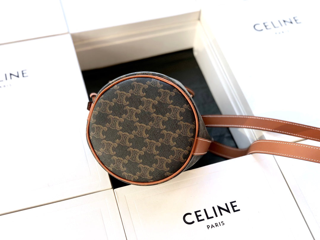 Celine TRIOMPHE帆布小號抽繩包-黃棕老花