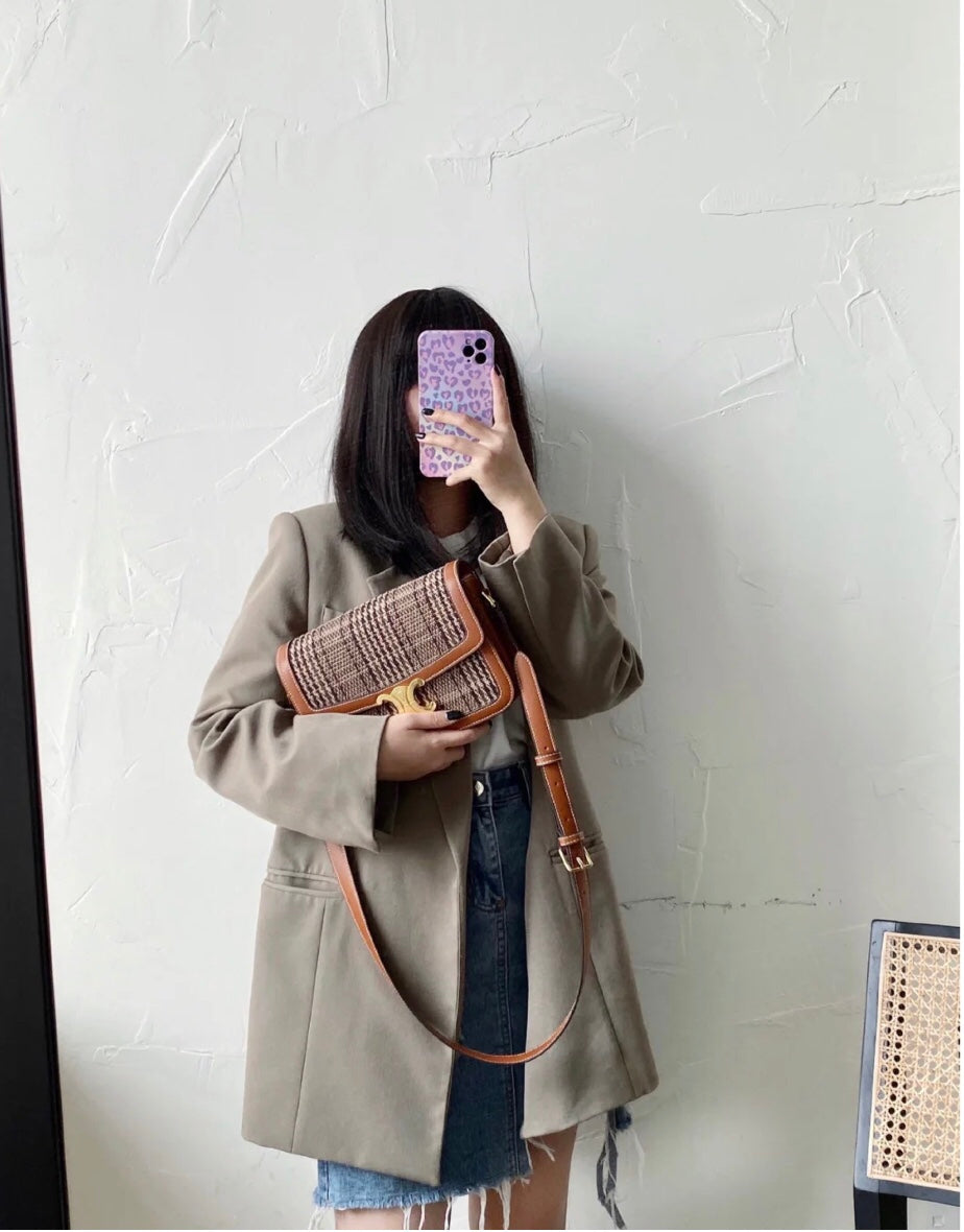 Celine Triomphe 中號人造革和牛皮革手袋-黃棕千鳥格