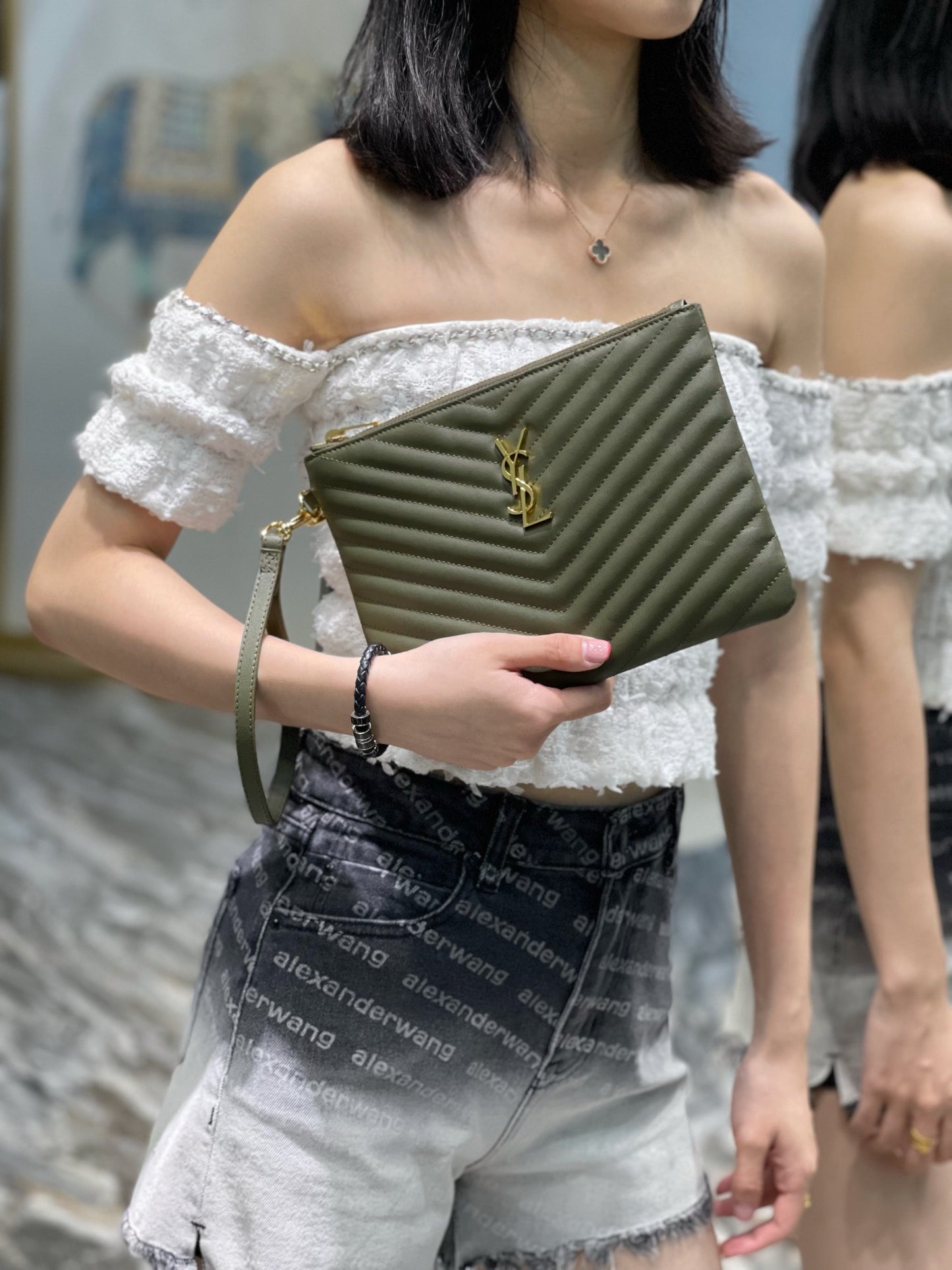 YSL 提花拼接文件手拿包-綠色金扣-24cm