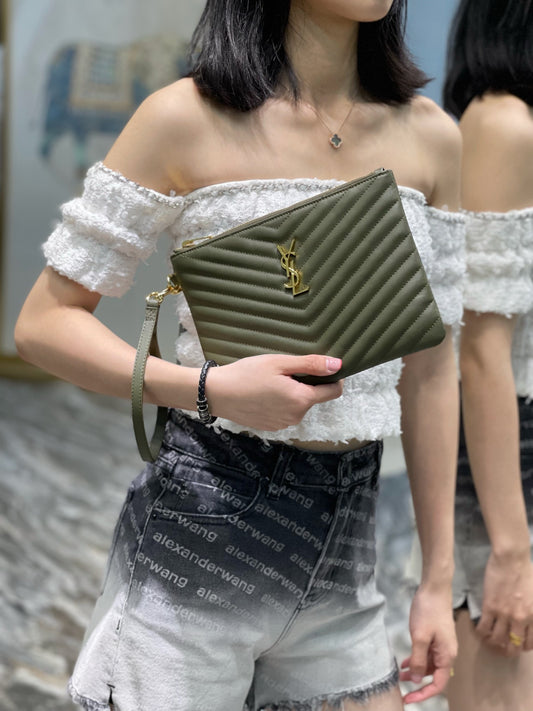 YSL 提花拼接文件手拿包-綠色金扣-24cm