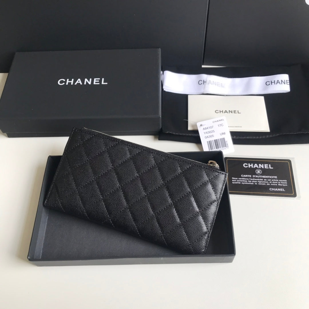 Chanel 拉鍊長夾卡包-扁長夾-黑色荔枝皮銀扣