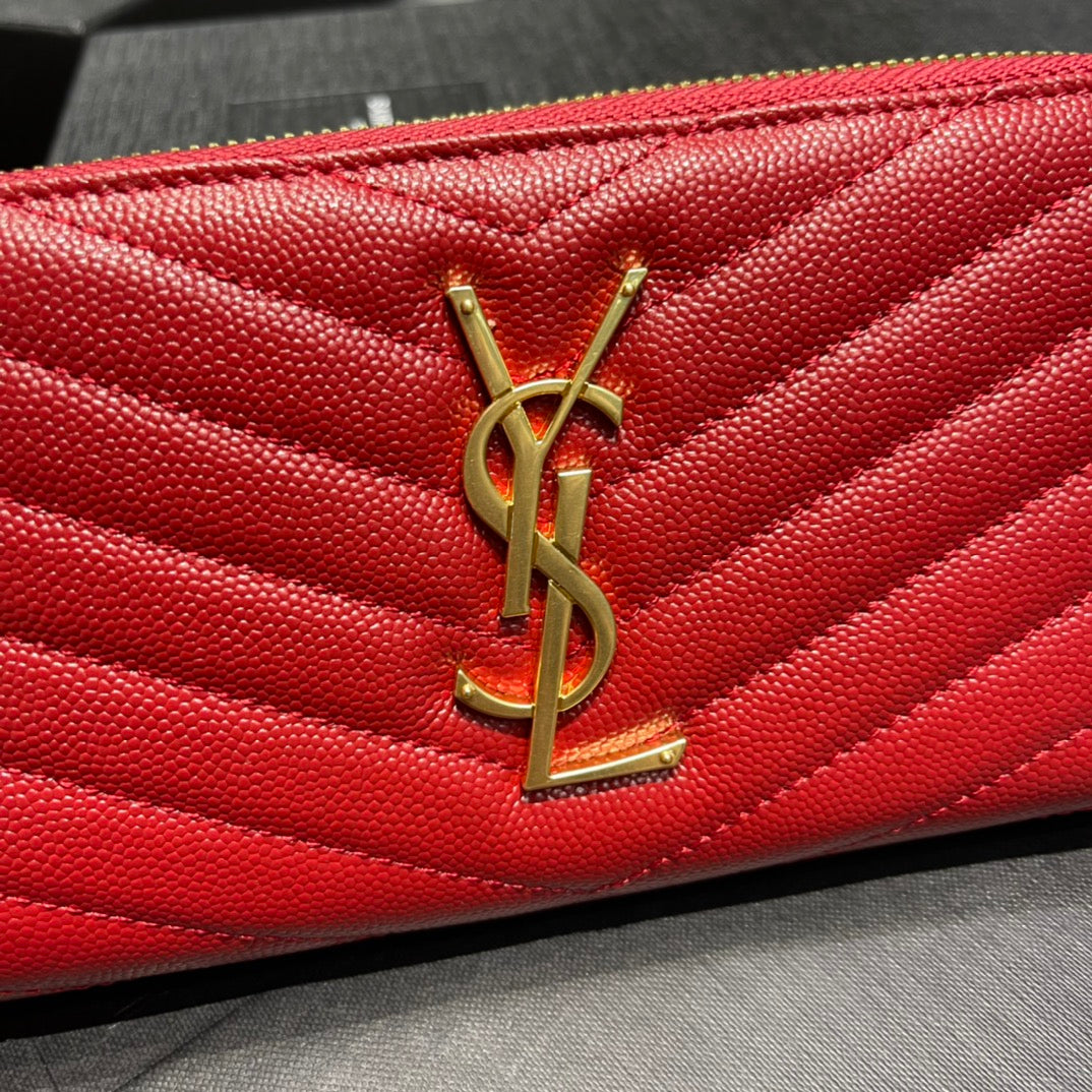 YSL 拉鍊長夾 紅色金扣