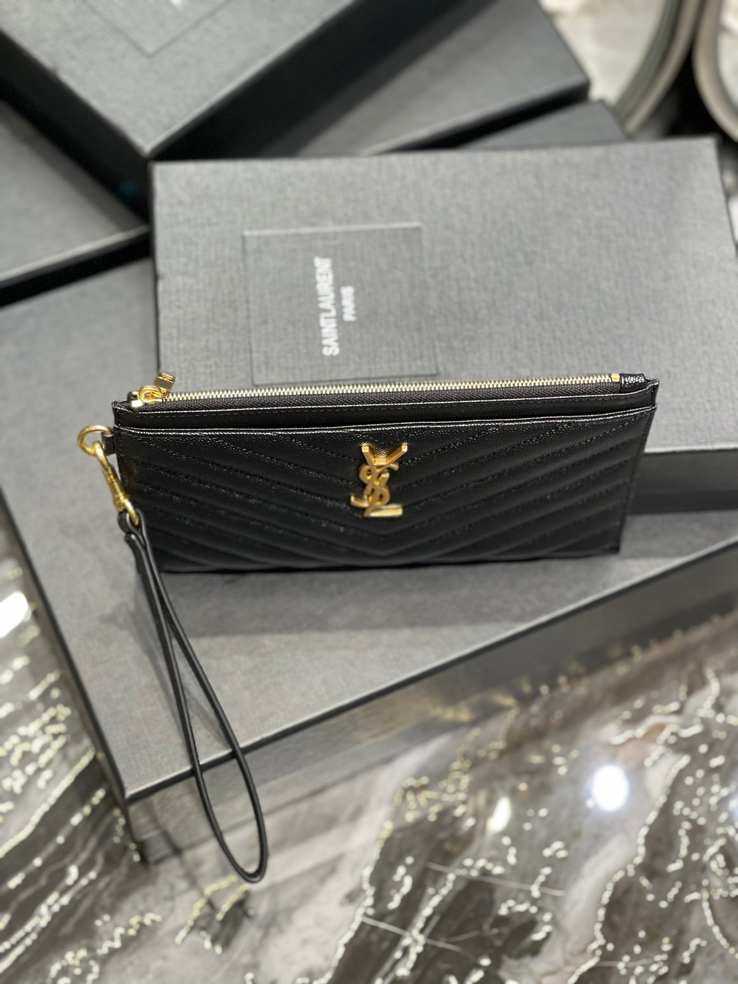 YSL 拉鍊手拿包 扁長夾 黑色金扣