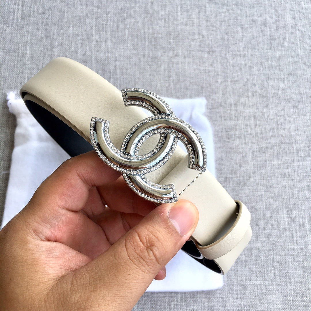 小香家-白色銀扣皮帶-3.0cm