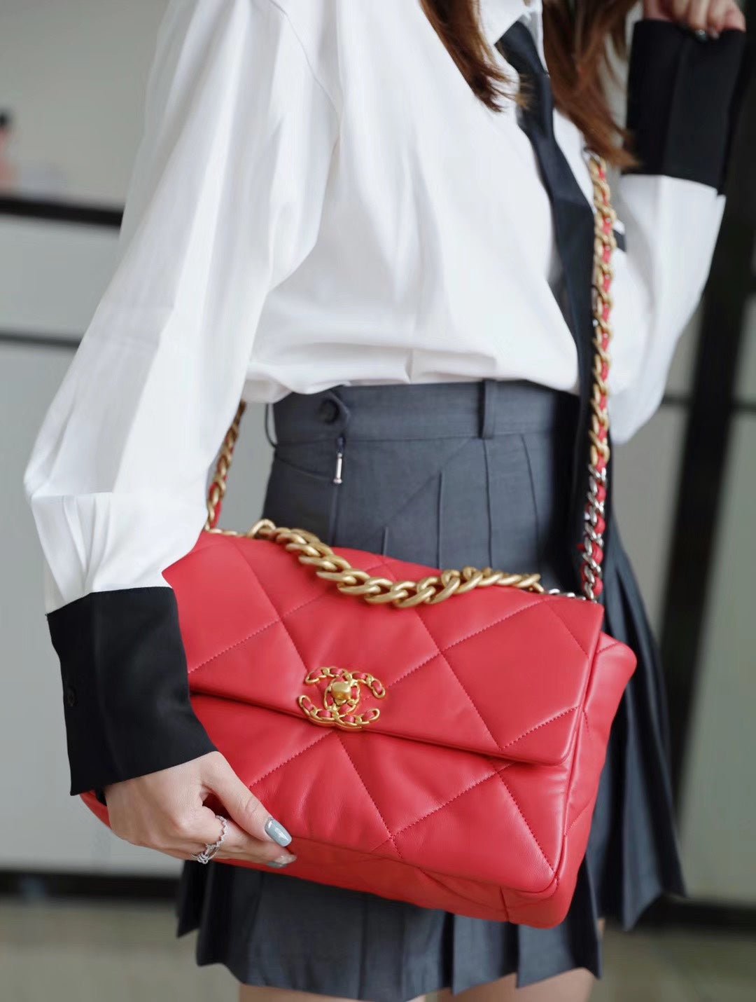 Chanel 19Bag-中號珊瑚紅