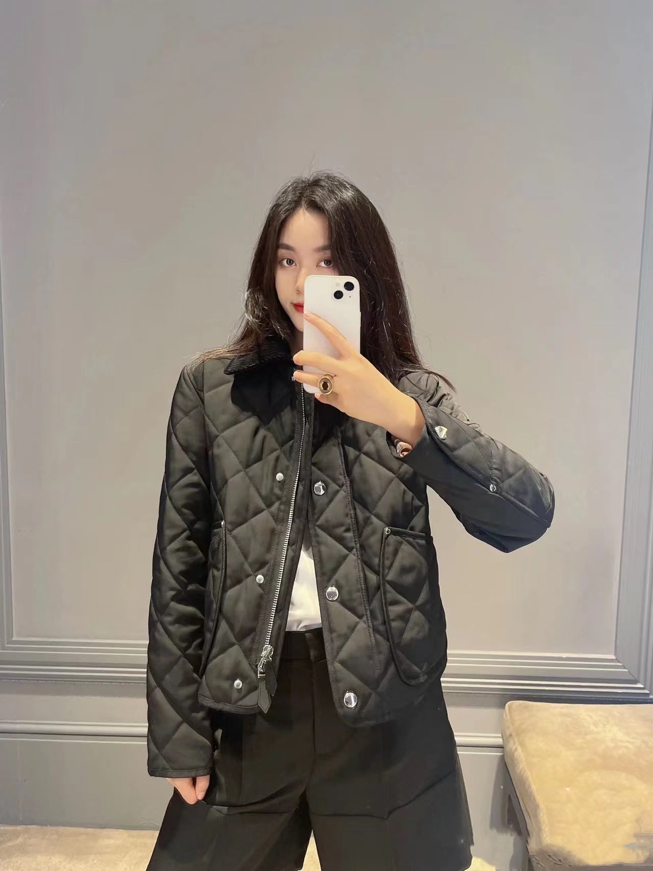 巴B家-秋冬棉服-經典格紋拼接燈芯絨衣領