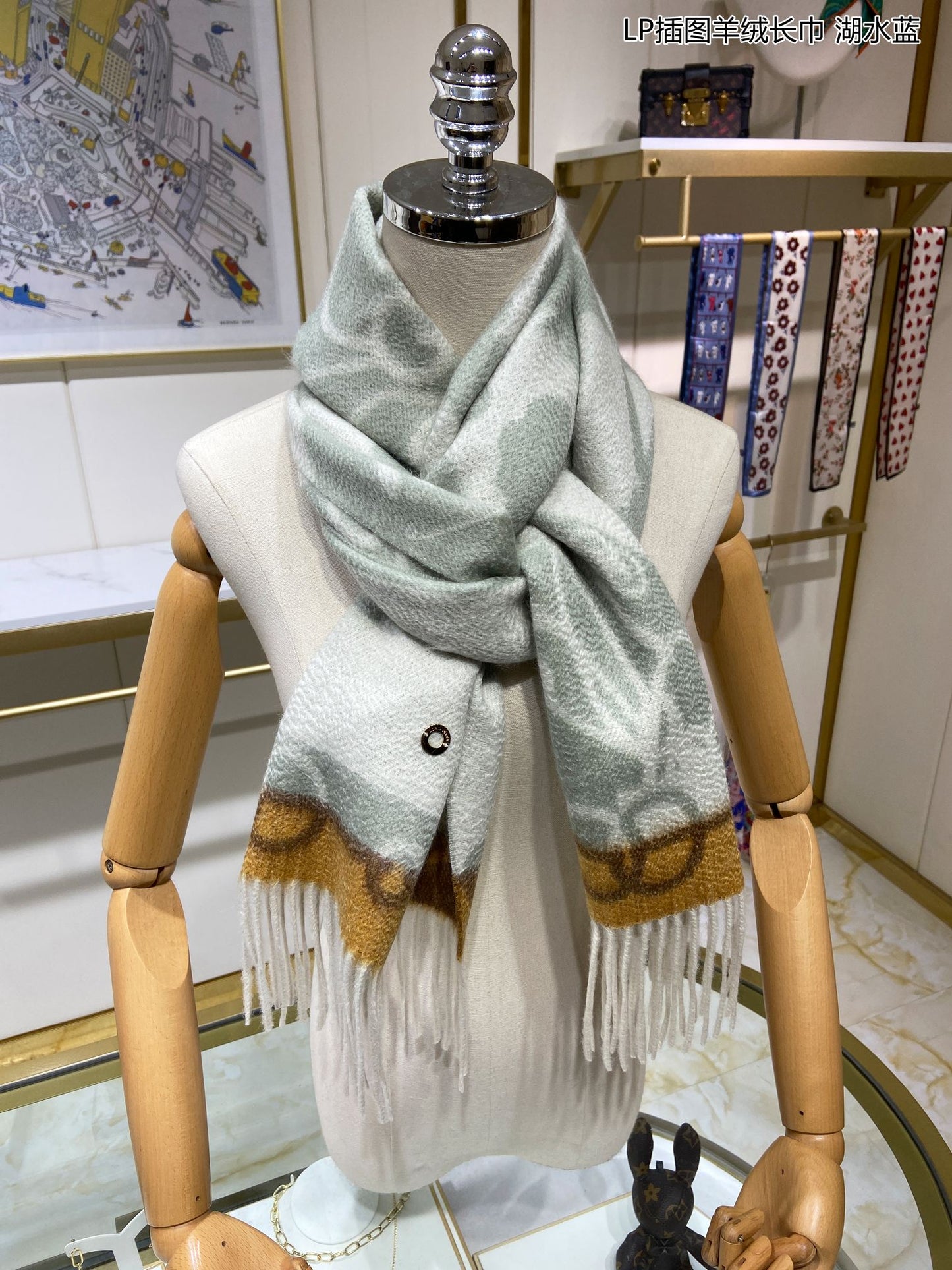 L-Piana 插圖羊絨長圍巾 33*190cm-100%頂級端野羊絨