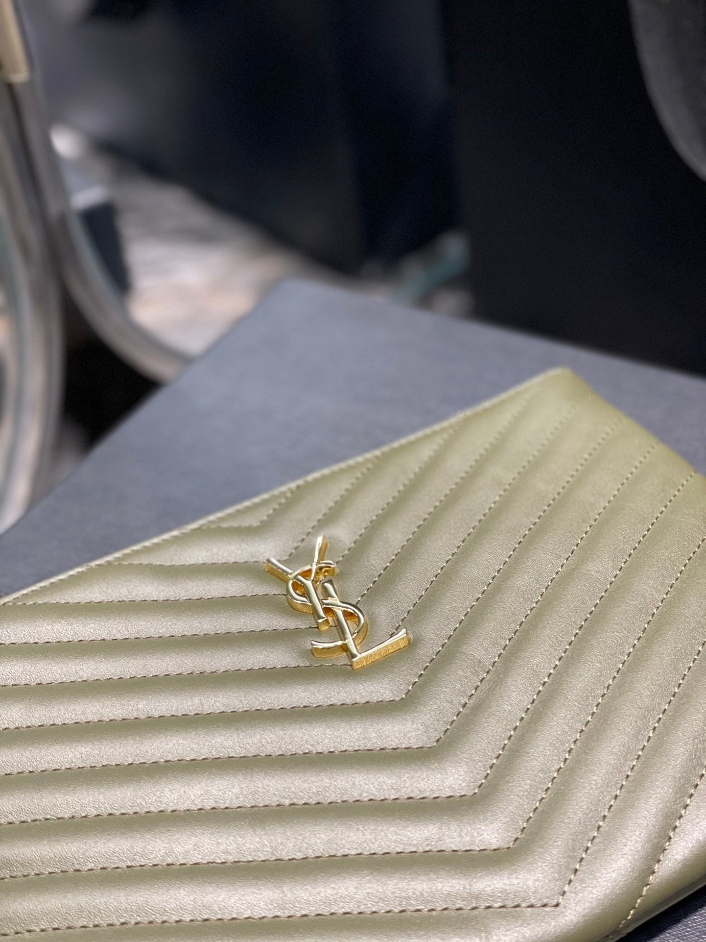 YSL 提花拼接文件手拿包-綠色金扣-24cm