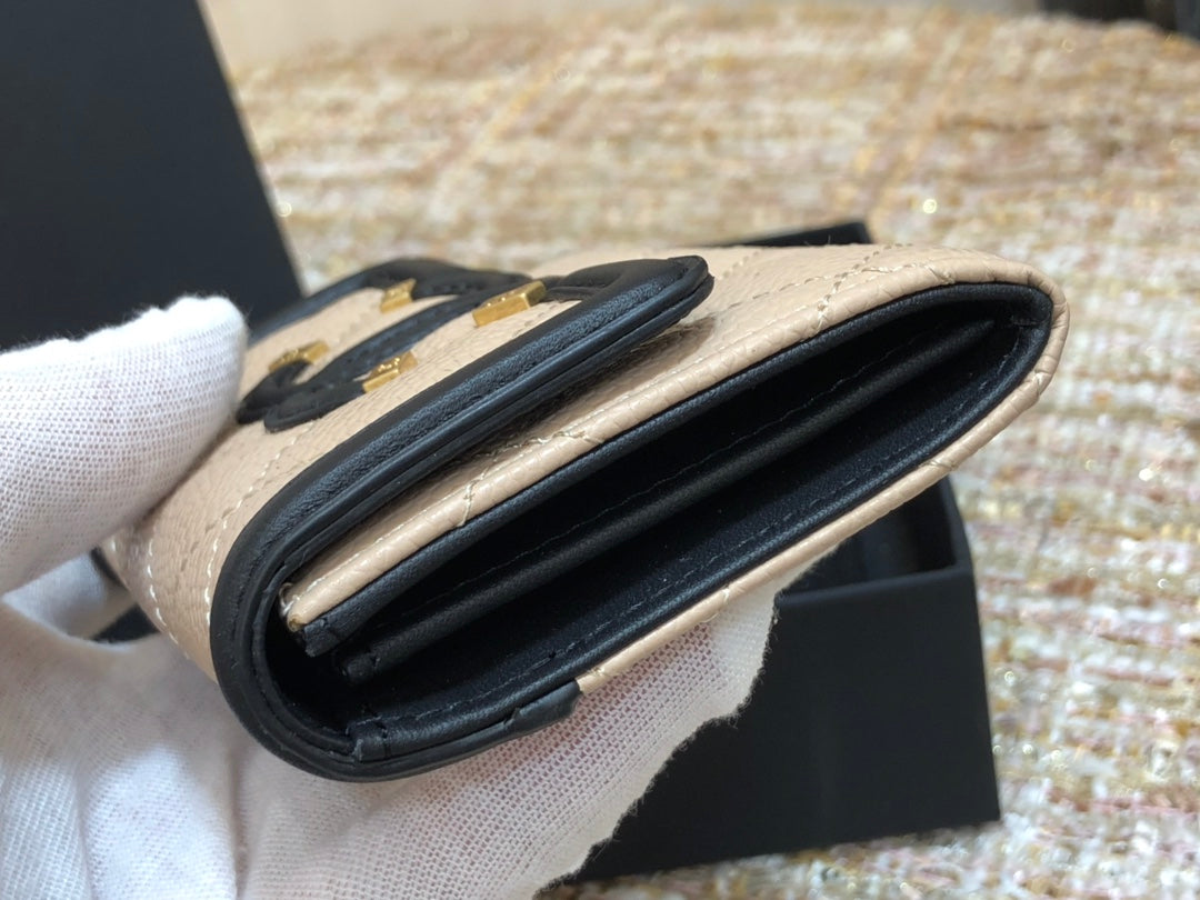 Chanel 復古CC荔枝牛皮-黑杏色翻蓋雙層卡包-仿舊五金