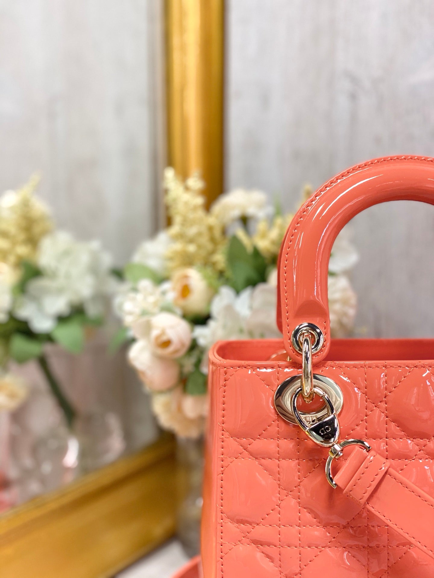 Dior Lady Dior-漆皮金扣-20cm-橙色