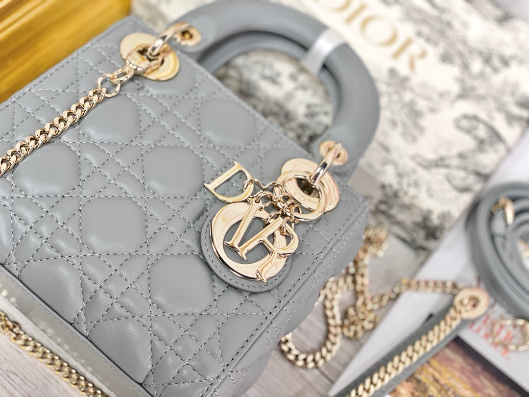 Dior-Mini Lady Dior手袋-三格黛妃-17cm-石灰色金扣