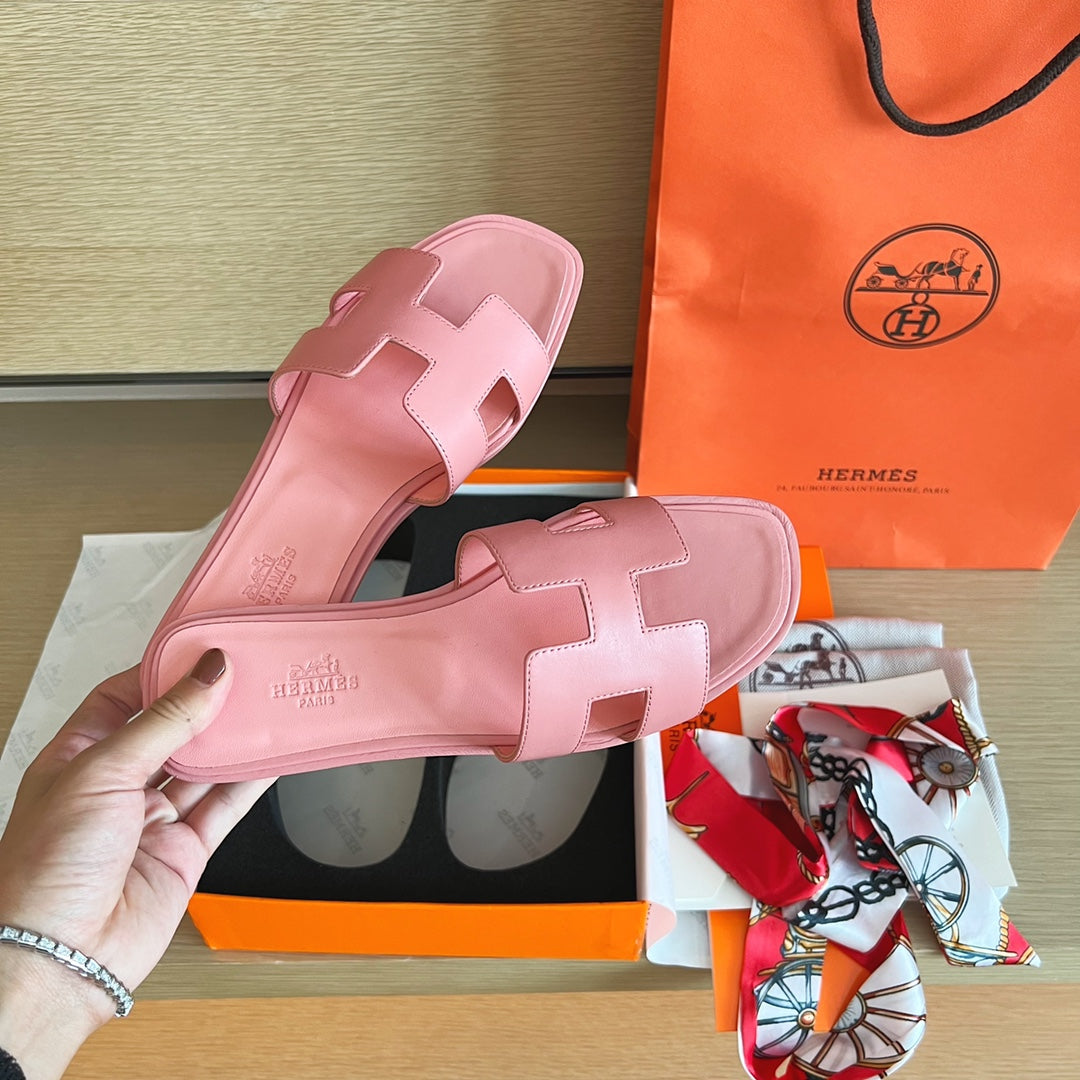 小愛款-經典H拖鞋 純色皮面 全包中底 粉色