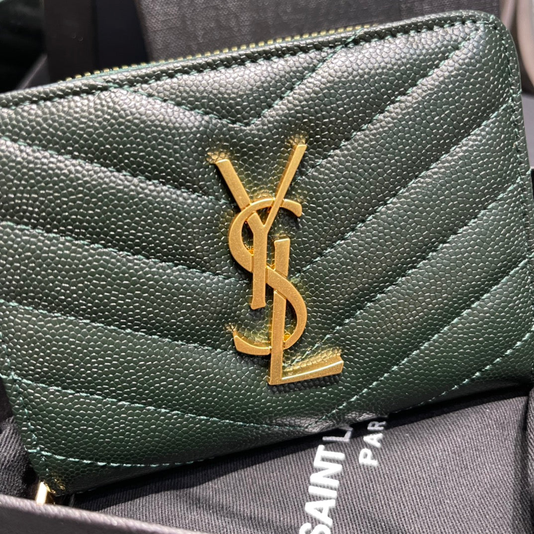 YSL 拉鍊短夾-綠色金扣